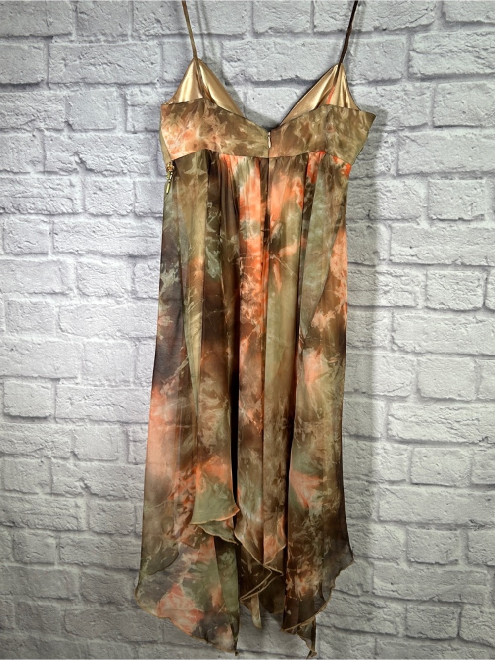 ABS Allen Schwartz‎ Olive & Coral Asymmetrical Slip Dress w/Gold Trim Sz 6 A801 - Picture 7 of 8